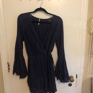 Free People Long Sleeve Navy Blue Wrap Dress